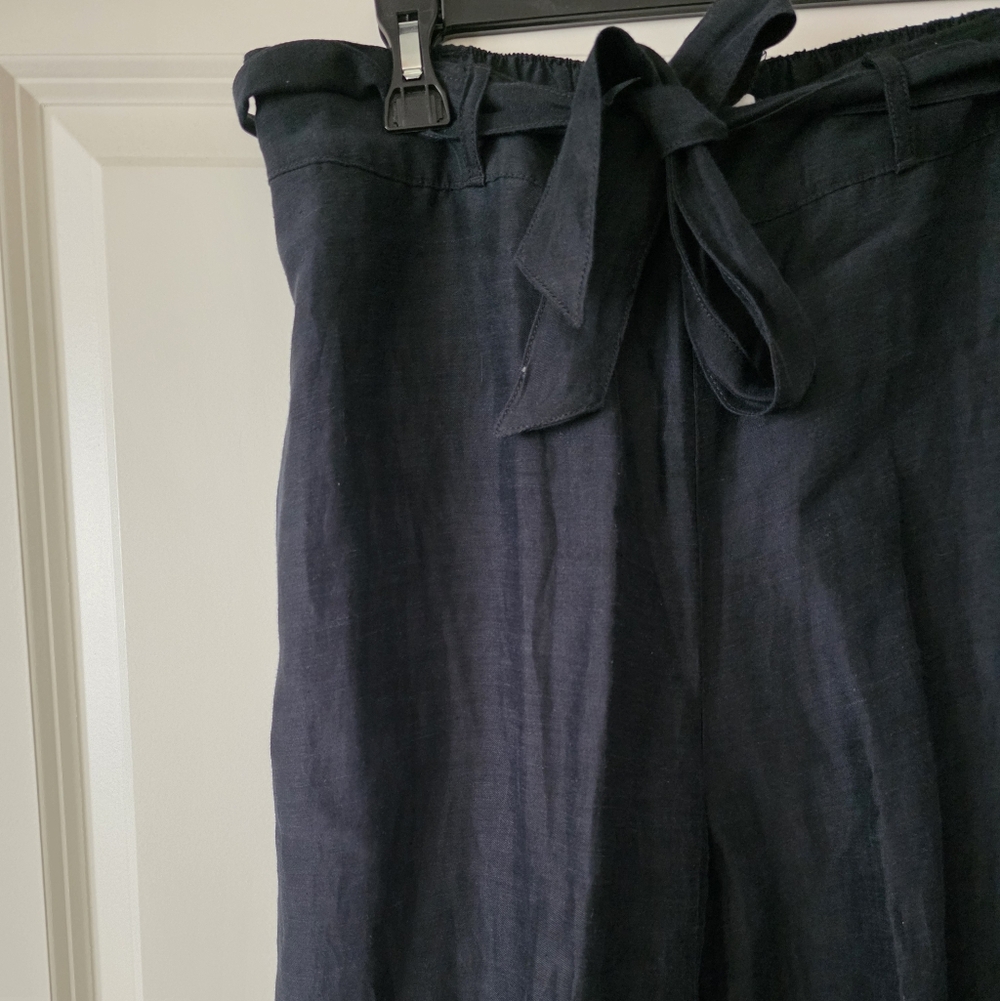 Halston Linen Blend Tie Wideleg Trousers Womns L Preppy Coastal Minimalist Chic - Picture 2 of 9